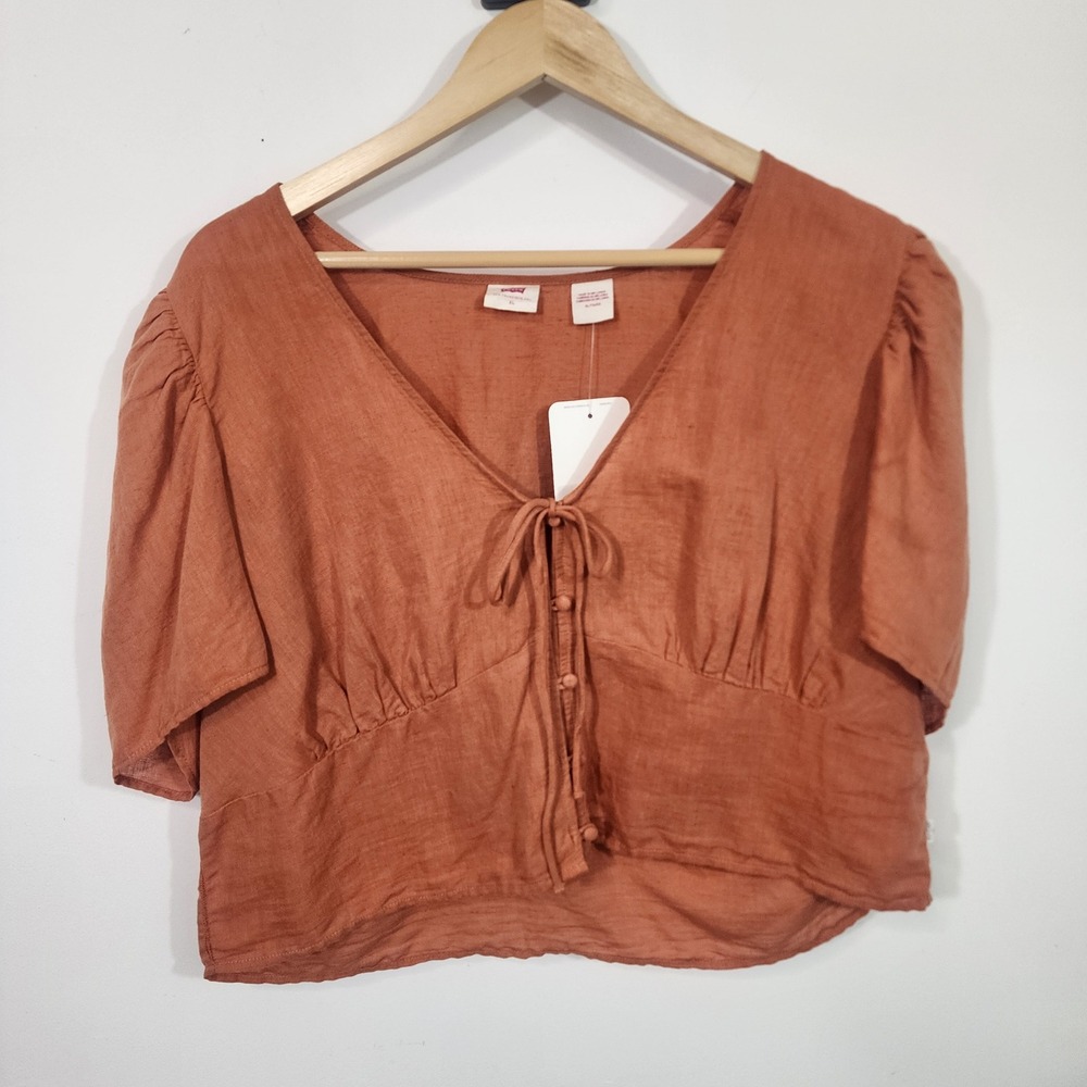 Levi's Linen cotton Blend Tie Front Crop Top XL Orange Puff Sleeve Boho - Picture 2 of 9